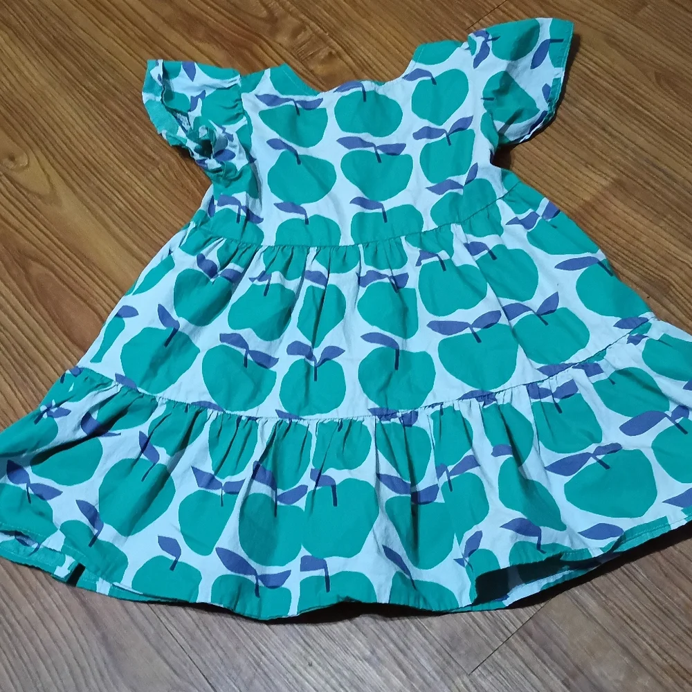 Tea Collection Girls Teal Green Graphic Apple Tiered Dress Size 6